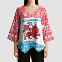Luxembourg Christmas Kimono Sleeve Blouse with Santa Claus Red Lion Snowflake Pattern and National Flag Design - Wonder Print Shop