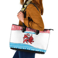 Luxembourg Christmas Leather Tote Bag with Santa Claus Red Lion Snowflake Pattern and National Flag Design - Wonder Print Shop