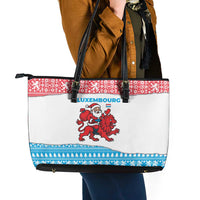 Luxembourg Christmas Leather Tote Bag with Santa Claus Red Lion Snowflake Pattern and National Flag Design - Wonder Print Shop