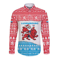 Luxembourg Christmas Long Sleeve Button Shirt with Santa Claus Red Lion Snowflake Pattern and National Flag Design - Wonder Print Shop