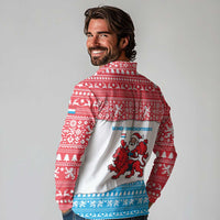 Luxembourg Christmas Long Sleeve Polo Shirt with Santa Claus Red Lion Snowflake Pattern and National Flag Design - Wonder Print Shop