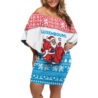 Luxembourg Christmas Off Shoulder Short Dress with Santa Claus Red Lion Snowflake Pattern and National Flag Design - Wonder Print Shop