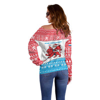 Luxembourg Christmas Off Shoulder Sweater with Santa Claus Red Lion Snowflake Pattern and National Flag Design - Wonder Print Shop