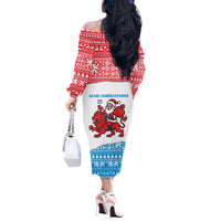 Luxembourg Christmas Off The Shoulder Long Sleeve Dress with Santa Claus Red Lion Snowflake Pattern and National Flag Design - Wonder Print Shop