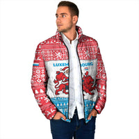 Luxembourg Christmas Padded Jacket with Santa Claus Red Lion Snowflake Pattern and National Flag Design - Wonder Print Shop