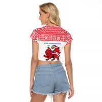 Luxembourg Christmas Raglan Cropped T Shirt with Santa Claus Red Lion Snowflake Pattern and National Flag Design - Wonder Print Shop