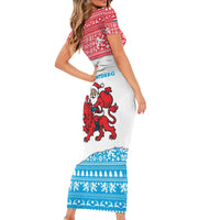 Luxembourg Christmas Short Sleeve Bodycon Dress with Santa Claus Red Lion Snowflake Pattern and National Flag Design - Wonder Print Shop