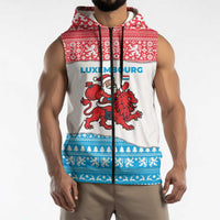 Luxembourg Christmas Sleeveless Zip Hoodie with Santa Claus Red Lion Snowflake Pattern and National Flag Design - Wonder Print Shop