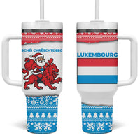 Luxembourg Christmas Tumbler With Handle with Santa Claus Red Lion Snowflake Pattern and National Flag Design - Wonder Print Shop