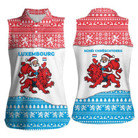 Luxembourg Christmas Women Sleeveless Polo Shirt with Santa Claus Red Lion Snowflake Pattern and National Flag Design - Wonder Print Shop