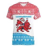 Luxembourg Christmas Women V-Neck T-Shirt with Santa Claus Red Lion Snowflake Pattern and National Flag Design - Wonder Print Shop