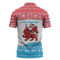 Luxembourg Christmas Zipper Polo Shirt with Santa Claus Red Lion Snowflake Pattern and National Flag Design - Wonder Print Shop