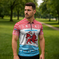 Luxembourg Christmas Zipper Polo Shirt with Santa Claus Red Lion Snowflake Pattern and National Flag Design - Wonder Print Shop
