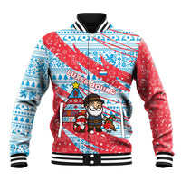 Luxembourg Christmas Baseball Jacket with Santa Claus Fox Reindeer Tree and Red Blue Pattern Design - Wonder Print Shop