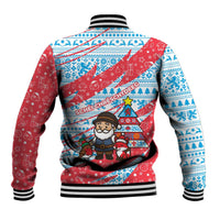 Luxembourg Christmas Baseball Jacket with Santa Claus Fox Reindeer Tree and Red Blue Pattern Design - Wonder Print Shop