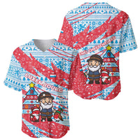 Luxembourg Christmas Baseball Jersey with Santa Claus Fox Reindeer Tree and Red Blue Pattern Design - Wonder Print Shop