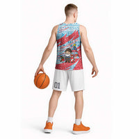 Luxembourg Christmas Basketball Jersey with Santa Claus Fox Reindeer Tree and Red Blue Pattern Design - Wonder Print Shop