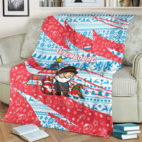 Luxembourg Christmas Blanket with Santa Claus Fox Reindeer Tree and Red Blue Pattern Design - Wonder Print Shop