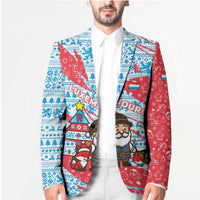 Luxembourg Christmas Blazer with Santa Claus Fox Reindeer Tree and Red Blue Pattern Design - Wonder Print Shop