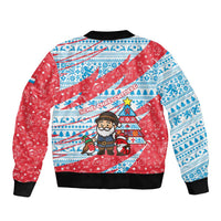 Luxembourg Christmas Bomber Jacket with Santa Claus Fox Reindeer Tree and Red Blue Pattern Design - Wonder Print Shop
