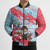 Luxembourg Christmas Bomber Puffer Jacket with Santa Claus Fox Reindeer Tree and Red Blue Pattern Design - Wonder Print Shop