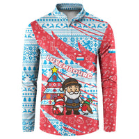 Luxembourg Christmas Button Sweatshirt with Santa Claus Fox Reindeer Tree and Red Blue Pattern Design - Wonder Print Shop