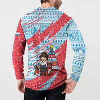 Luxembourg Christmas Button Sweatshirt with Santa Claus Fox Reindeer Tree and Red Blue Pattern Design - Wonder Print Shop