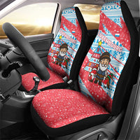 Luxembourg Christmas Car Seat Cover with Santa Claus Fox Reindeer Tree and Red Blue Pattern Design - Wonder Print Shop