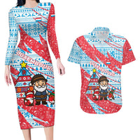 Luxembourg Christmas Couples Matching Long Sleeve Bodycon Dress and Hawaiian Shirt with Santa Claus Fox Reindeer Tree and Red Blue Pattern Design - Wonder Print Shop