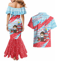 Luxembourg Christmas Couples Matching Mermaid Dress and Hawaiian Shirt with Santa Claus Fox Reindeer Tree and Red Blue Pattern Design - Wonder Print Shop
