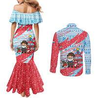 Luxembourg Christmas Couples Matching Mermaid Dress and Long Sleeve Button Shirt with Santa Claus Fox Reindeer Tree and Red Blue Pattern Design - Wonder Print Shop