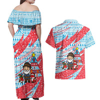 Luxembourg Christmas Couples Matching Off Shoulder Maxi Dress and Hawaiian Shirt with Santa Claus Fox Reindeer Tree and Red Blue Pattern Design - Wonder Print Shop