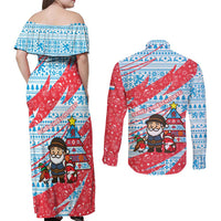 Luxembourg Christmas Couples Matching Off Shoulder Maxi Dress and Long Sleeve Button Shirt with Santa Claus Fox Reindeer Tree and Red Blue Pattern Design - Wonder Print Shop