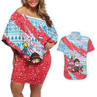 Luxembourg Christmas Couples Matching Off Shoulder Short Dress and Hawaiian Shirt with Santa Claus Fox Reindeer Tree and Red Blue Pattern Design - Wonder Print Shop