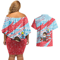 Luxembourg Christmas Couples Matching Off Shoulder Short Dress and Hawaiian Shirt with Santa Claus Fox Reindeer Tree and Red Blue Pattern Design - Wonder Print Shop