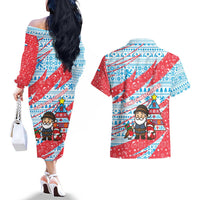 Luxembourg Christmas Couples Matching Off The Shoulder Long Sleeve Dress and Hawaiian Shirt with Santa Claus Fox Reindeer Tree and Red Blue Pattern Design - Wonder Print Shop