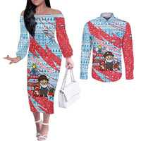 Luxembourg Christmas Couples Matching Off The Shoulder Long Sleeve Dress and Long Sleeve Button Shirt with Santa Claus Fox Reindeer Tree and Red Blue Pattern Design - Wonder Print Shop