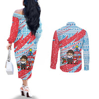 Luxembourg Christmas Couples Matching Off The Shoulder Long Sleeve Dress and Long Sleeve Button Shirt with Santa Claus Fox Reindeer Tree and Red Blue Pattern Design - Wonder Print Shop