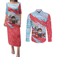 Luxembourg Christmas Couples Matching Puletasi and Long Sleeve Button Shirt with Santa Claus Fox Reindeer Tree and Red Blue Pattern Design - Wonder Print Shop