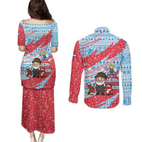 Luxembourg Christmas Couples Matching Puletasi and Long Sleeve Button Shirt with Santa Claus Fox Reindeer Tree and Red Blue Pattern Design - Wonder Print Shop