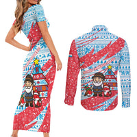 Luxembourg Christmas Couples Matching Short Sleeve Bodycon Dress and Long Sleeve Button Shirt with Santa Claus Fox Reindeer Tree and Red Blue Pattern Design - Wonder Print Shop