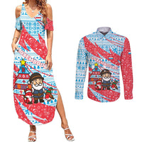 Luxembourg Christmas Couples Matching Summer Maxi Dress and Long Sleeve Button Shirt with Santa Claus Fox Reindeer Tree and Red Blue Pattern Design - Wonder Print Shop