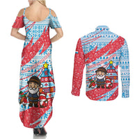 Luxembourg Christmas Couples Matching Summer Maxi Dress and Long Sleeve Button Shirt with Santa Claus Fox Reindeer Tree and Red Blue Pattern Design - Wonder Print Shop