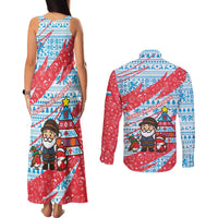 Luxembourg Christmas Couples Matching Tank Maxi Dress and Long Sleeve Button Shirt with Santa Claus Fox Reindeer Tree and Red Blue Pattern Design - Wonder Print Shop