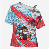 Luxembourg Christmas Cross Shoulder Shirt with Santa Claus Fox Reindeer Tree and Red Blue Pattern Design - Wonder Print Shop