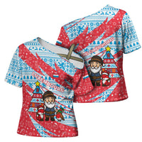 Luxembourg Christmas Cross Shoulder Shirt with Santa Claus Fox Reindeer Tree and Red Blue Pattern Design - Wonder Print Shop