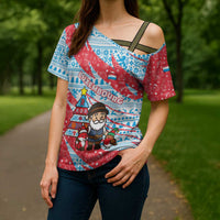 Luxembourg Christmas Cross Shoulder Shirt with Santa Claus Fox Reindeer Tree and Red Blue Pattern Design - Wonder Print Shop