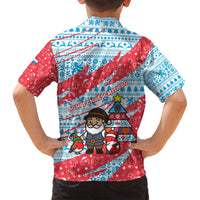 Luxembourg Christmas Family Matching Off Shoulder Short Dress and Hawaiian Shirt with Santa Claus Fox Reindeer Tree and Red Blue Pattern Design - Wonder Print Shop