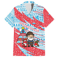 Luxembourg Christmas Family Matching Off Shoulder Short Dress and Hawaiian Shirt with Santa Claus Fox Reindeer Tree and Red Blue Pattern Design - Wonder Print Shop