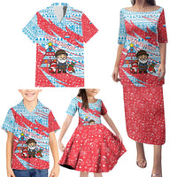 Luxembourg Christmas Family Matching Puletasi and Hawaiian Shirt with Santa Claus Fox Reindeer Tree and Red Blue Pattern Design - Wonder Print Shop